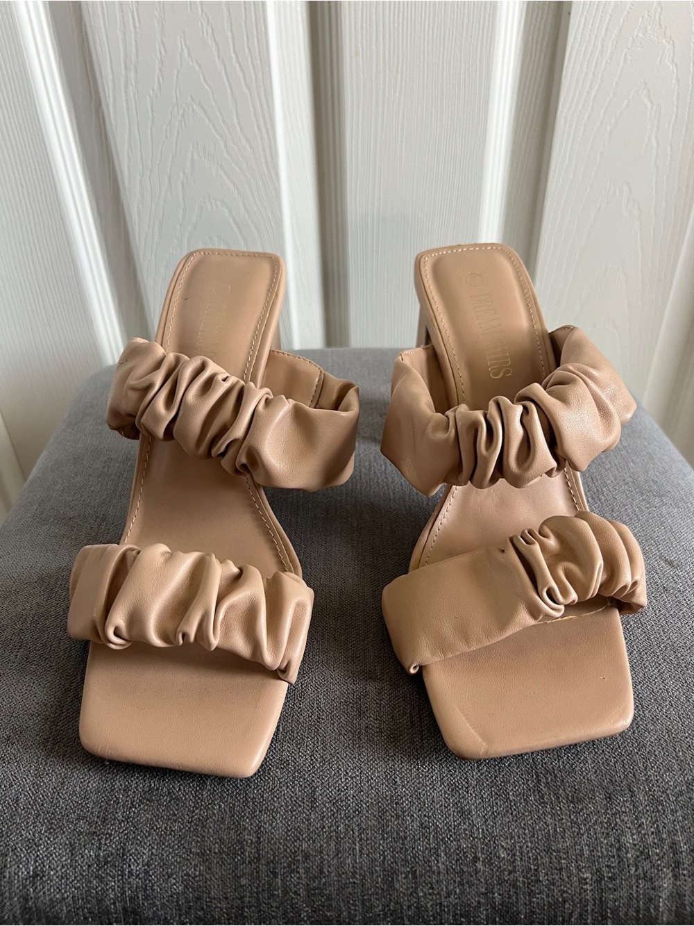 Ruched Strap Nude Chunky Heel Mules